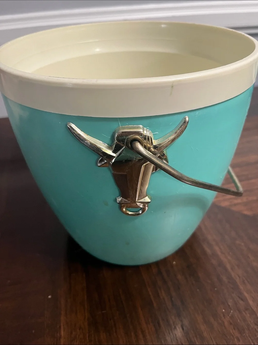 VINTAGE MCM Turquoise Ice Bucket with Gold Bull Tap and Cream Rim BAR KITCHEN